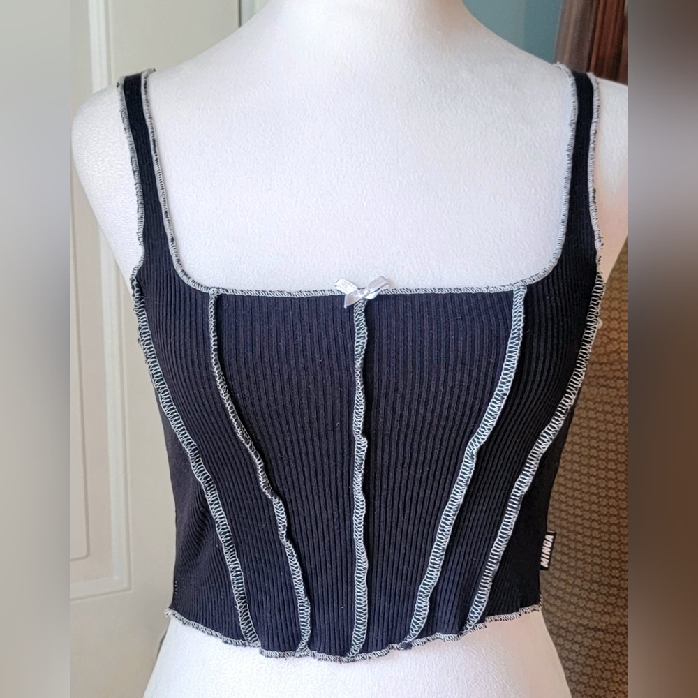 MINGA London Gothic Ballerina Corset Cropped Tank Womens XS Black White Ribbed